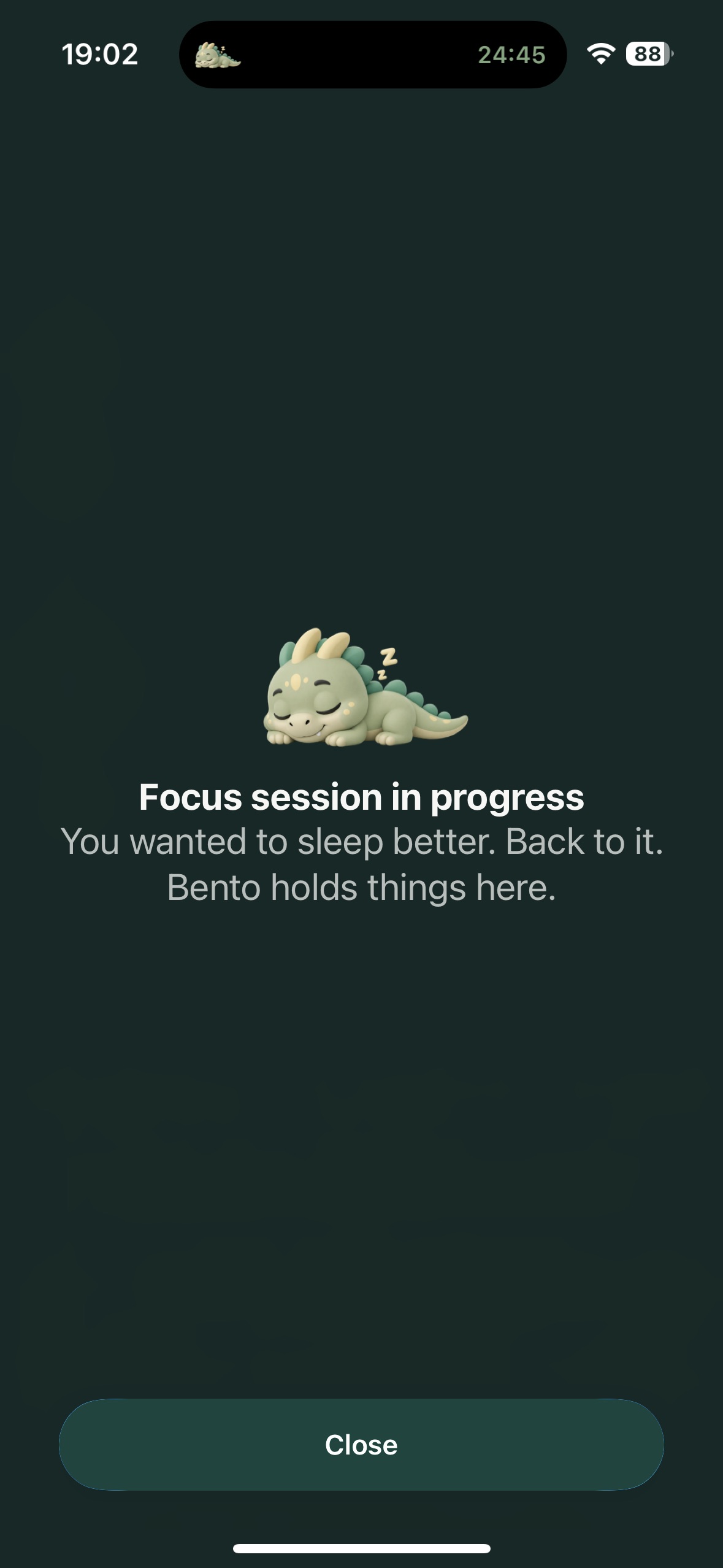 Block screen during a focus session: “Focus session in progress — back to it, Bento holds things here”.