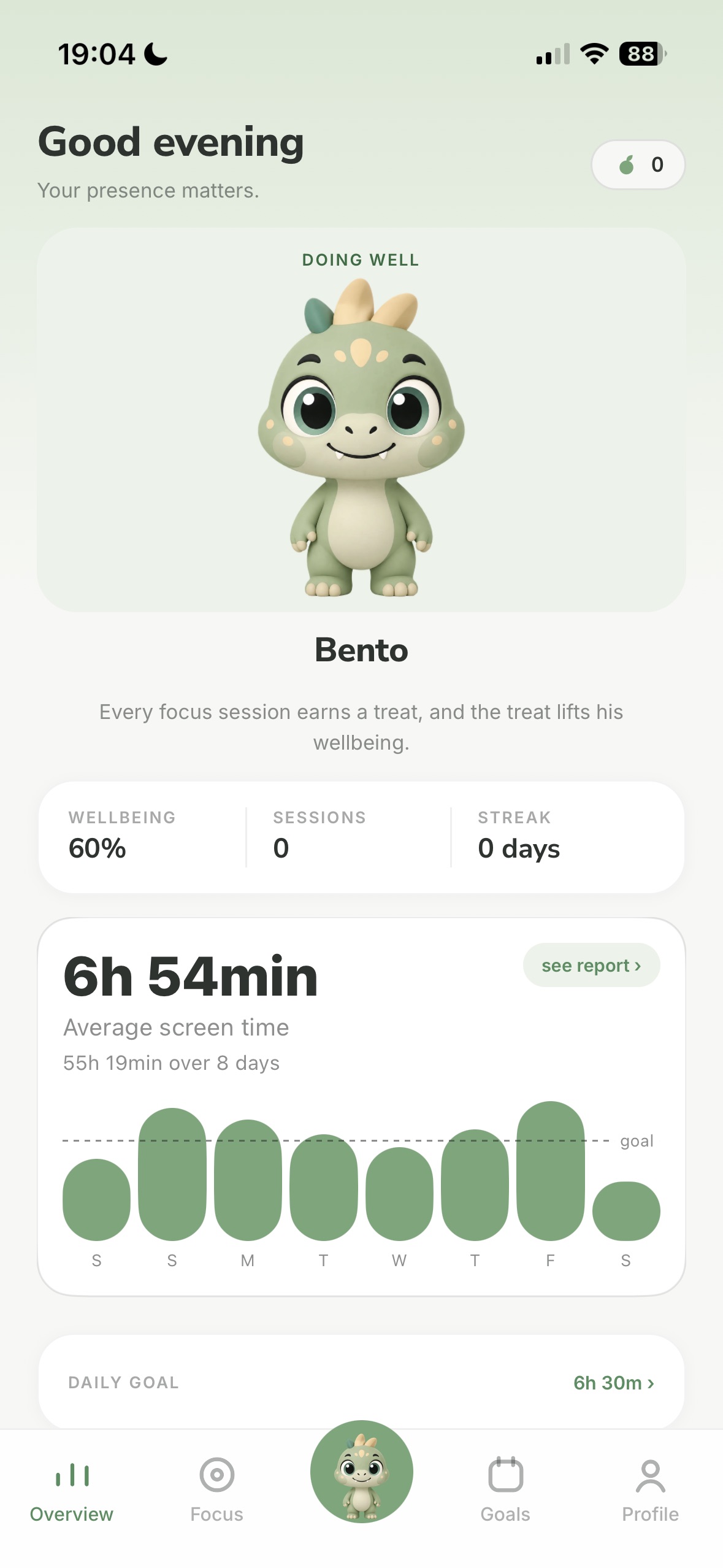 Mialera home screen: Bento, his wellbeing, the week’s screen time and the daily goal.
