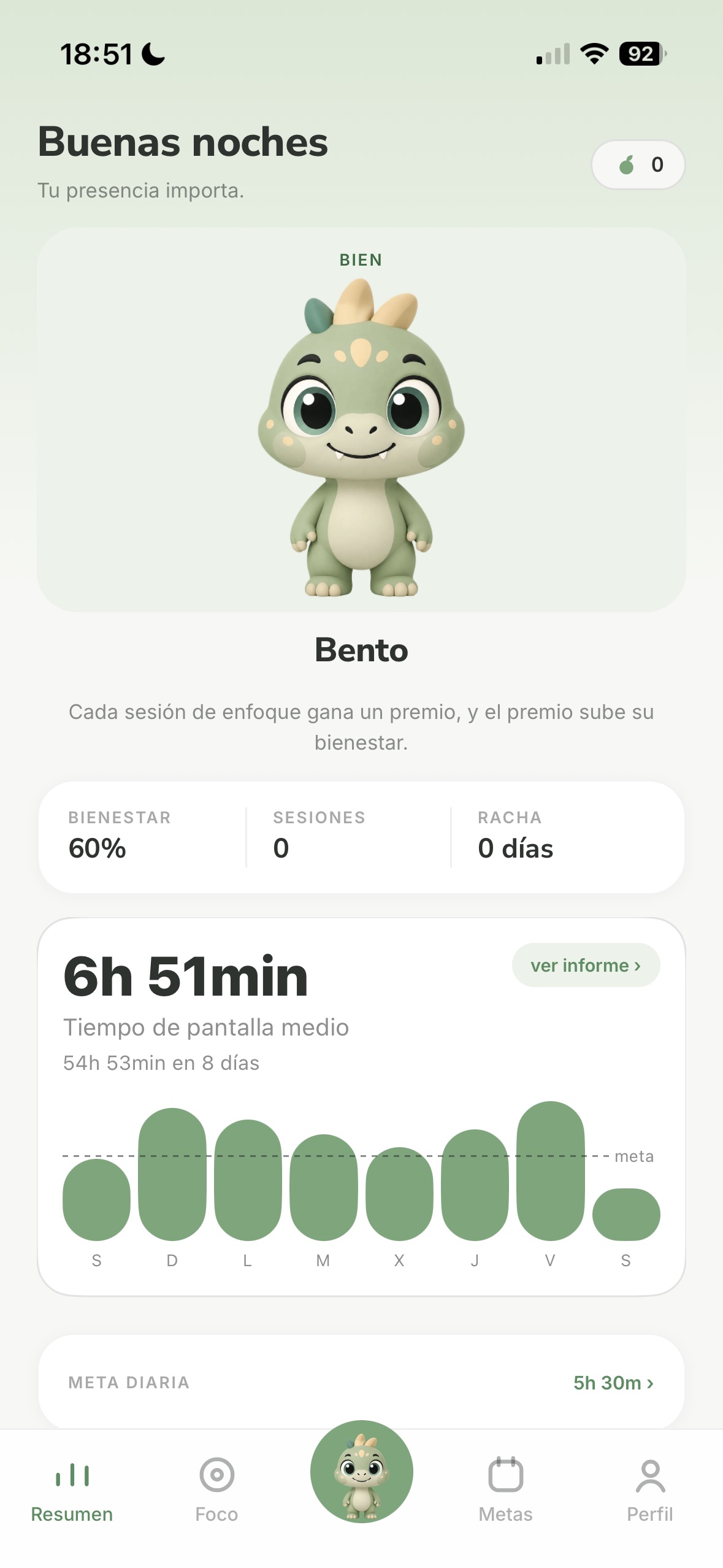 Pantalla de inicio de Mialera: Bento, su bienestar, el tiempo de pantalla de la semana y la meta diaria.