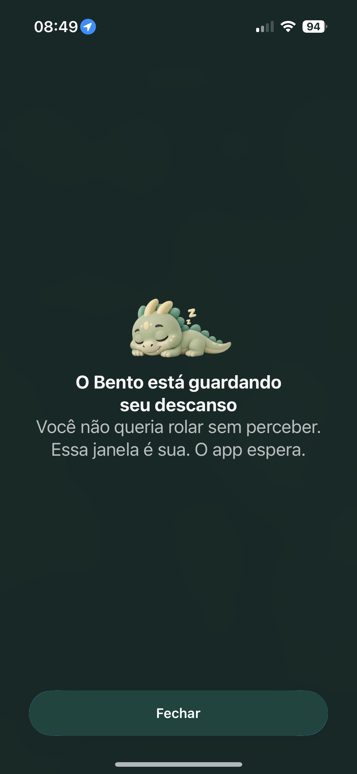 Tela de bloqueio durante uma sessão de foco: “Sessão de foco em andamento — volta pra ela, o Bento segura aqui”.